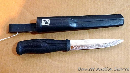 8-1/2" fixed blade knife by Falcon comes with sheath. Blade is marked Stainless Steel Sweden.