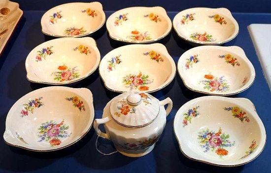 Edwin M. Knowles China Co. Sugar dish and 8 matching bowls.