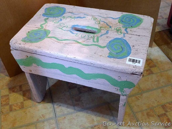 Sturdy homemade wooden step stool; measures 12" x 18" x 12-1/2" tall.
