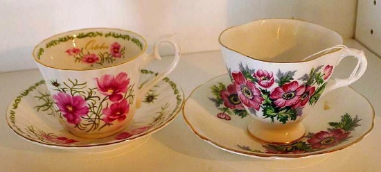 Two English bone china tea cups with saucers. All in good condition.