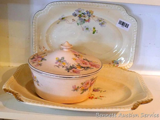 Antique floral serving platters and covered dish. Largest platter is 11-1/2" x 15-1/2". Covered dish