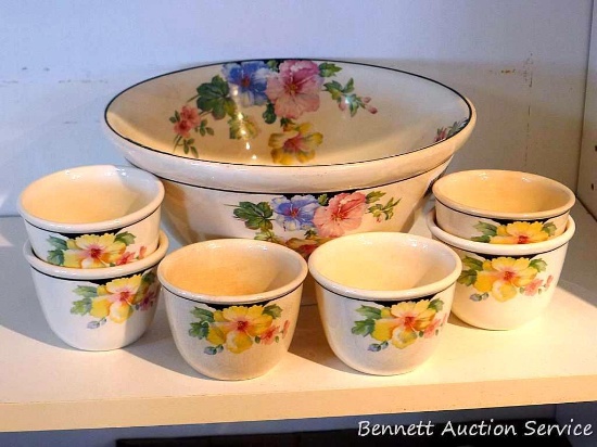 Berry or dessert serving bowl and cups all by Harker HotOven Chinaware. Large bowl is 10" diameter