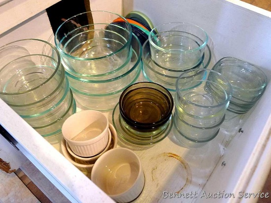 Pyrex and other glass storage containers, custard cups, more. Some with lids.