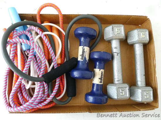 Set of 3# weights; set of 5# weights; rubber band exerciser; two 88" jump ropes; one 100" jump rope.