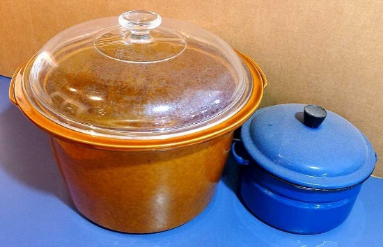 Cute little blue enameled pot with lid; stoneware slow cooker crock is in very good shape, 12" over
