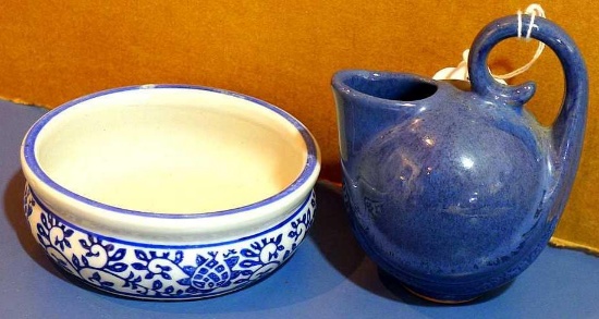 Art Deco creamer stands 4-1/4" to top of handle; little blue patterned stoneware bowl is 4-1/4"