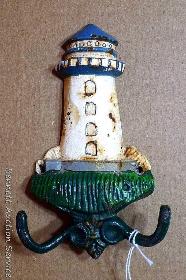 Cast iron lighthouse double hook, 6-1/2" overall.