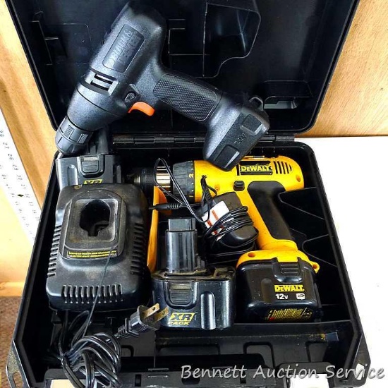 DeWalt 12v VSR cordless drill with clutch, three batteries, charger and case. Batteries all read as