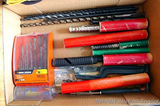 Assorted drill bits including 1" and smaller masonry core bits, Black & Decker twist drill set,