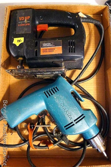 1/3 hp variable speed jig saw; Makita 3/8" Model 6404 drill. Both work.