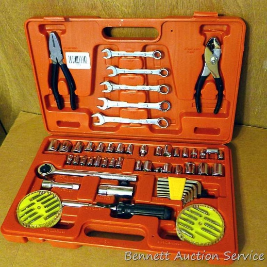 Handy household tool kit with combination wrenches, plyers, sockets, more. Case measures 15" x 10" x