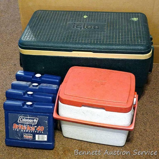 22" wide Igloo cooler, ice packs and a lunch size cooler.