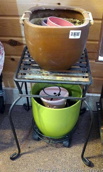 Very springy colored collection of ceramic flower pots, plus a 20" tall plant stand. Bright green