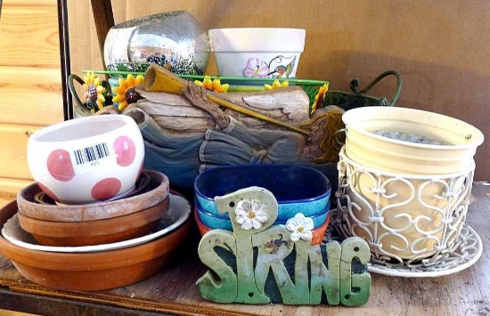 Assorted planters and pots up to 19" wide; dishes for rock plantings; terra cotta saucers; more.