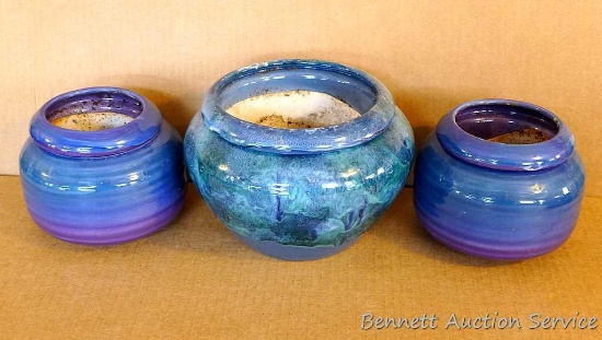 Three complementary African violet planters are in good condition. Largest is approx. 9" diameter x