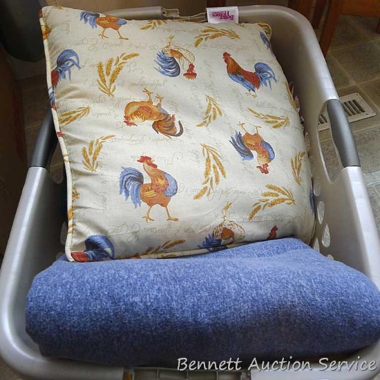 Set of Queen bed sheets; flannel queen size light blanket; 2 couch pillows; Mainstays twin fitted