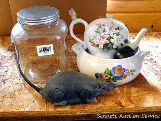 Glass canister; remote control rat, hopefully just needs batteries; Teleflora teapot/planter; other