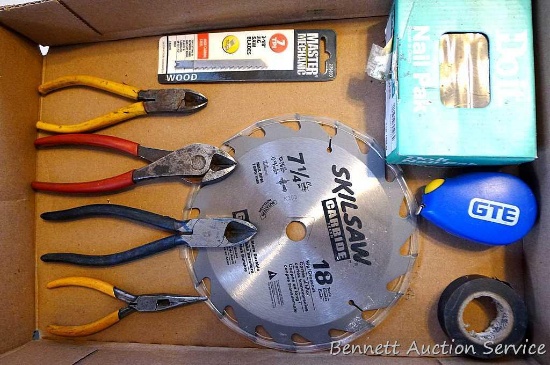 Carbide tipped 7-1/4" Skil Saw blade; three pair of side cutters, plus one needlenose; high carbon