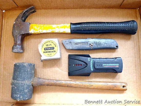Claw hammer, rubber mallet, StudSensor, 12' Stanley PowerLock tape measure, Stanley retractable
