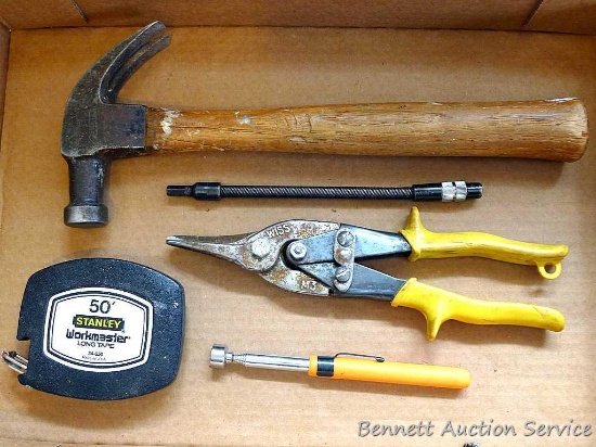 Wiss shears, claw hammer, 50' Stanley WorkMaster tape measure, telescoping magnet, more.