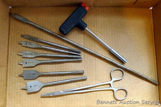 Spade bits 3/8" to 1", plus a 1/2" spade bit 16" long; T-handle; 8" hemostats