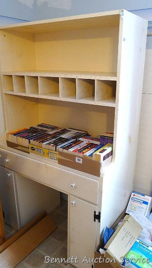 Wooden desk with large drawer under table, 2 side storage areas below, sectioned storage shelf