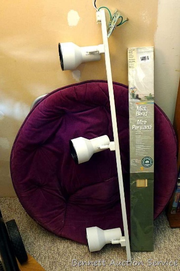 Folding papasan-style chair; 44" wide light fixture; ivory mini blinds are new in package, 36" x
