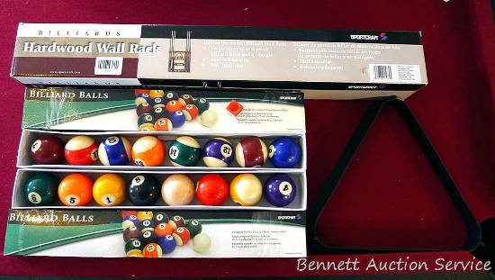 Sportcraft hardwood pool cue wall rack holds lots of accessories and is new in box. Also a set of