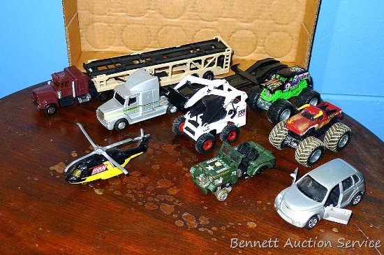 Nice bunch of part metal vehicles includes car transport semi; flat bed semi; Bobcat (missing
