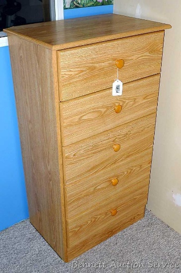 Nice wooden5 drawer dresser is 24" x 16" x 43-1/2". Drawers are on slides and work great.