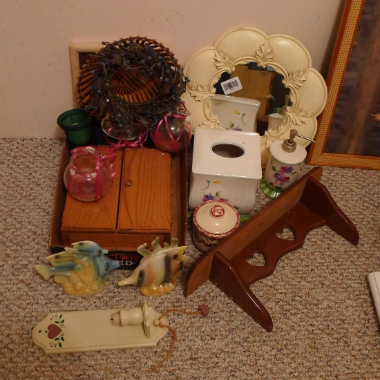 Heavy plaster framed mirror is 14-1/2" diameter; pair of ceramic fish; ceramic tissue and soap