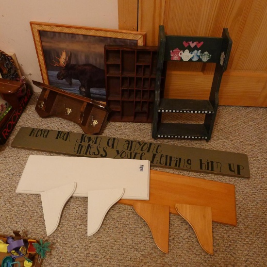Framed moose print is 18-1/2" x 22-1/2"; hand painted sign is 47" long; other shelf units and boards