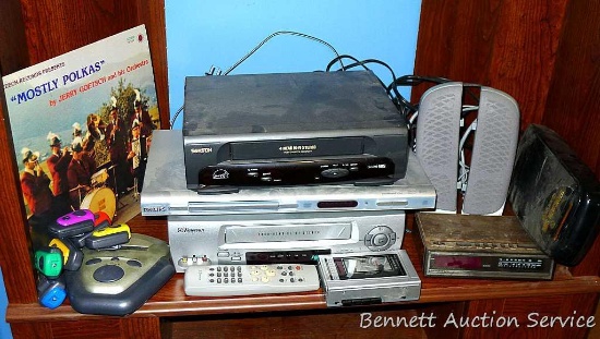 Emerson VHS player, Phillips DVD player, Samron VHS player, VHS rewinder, Sanyo personal cassette