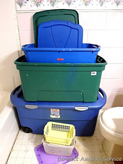 Sterilite 45 gallon tote with wheels; Cornerstone 34 gallon tote; Rubbermaid 36 gallon tote. All