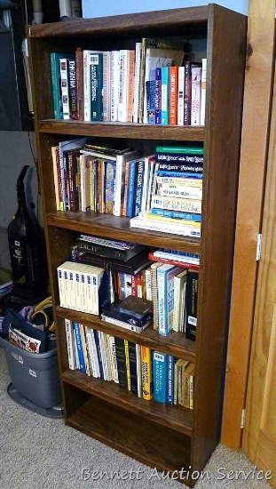Sturdy wooden book shelf unit is 28" x 11-1/2" x 71" tall.