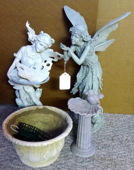 Three garden statues and planter; tallest fairy statue measures 11-1/2" x 10" x 20-1/2" tall. Both