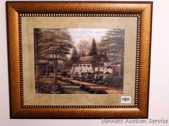 Nicely framed print of a cottage and surrounding gardens, measures approx. 20" x 24".
