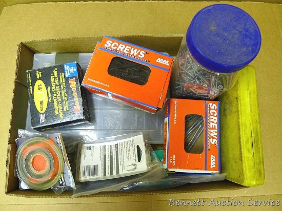 Full & partial boxes of screws, divided organizer with fasteners, Arrow staples, some drill bits,