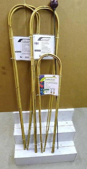 3' and 4' bamboo trellises; plant shelf is 2' x 2' x 17" deep; garden decoration has glass globe at