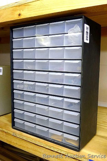 14" tall organizer drawer unit with contents is 10-1/2" wide x 5" deep.