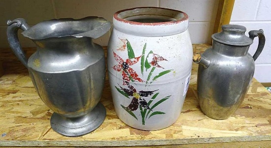 Pewter Paul Revere pitcher is 8-1/2" tall; other pewter pitcher has a cork stopper in spout;