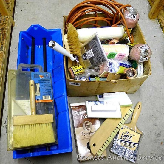 Wall paper and painting tools including wall paper tray, tool set, paint rollers, paint pads, tape,