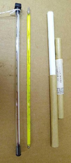 Sargent Welch Scientific Co. thermometer reads to 225 degrees F; other is marked S-W 3" IMM.