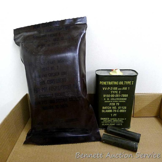 No shipping. Military issue penetrating oil can contained one pint, now is partial; One MRE contains