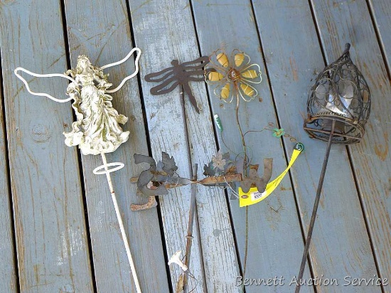 Five yard stakes include dragonfly, flower, angel, more. Longest is about 44".