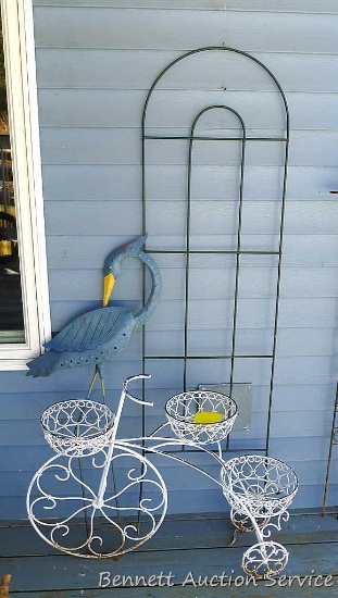 Bicycle plant stand, trellis, and a blue heron. Trellis is 5' tall, bike is about 33" long.