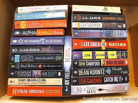 Books by authors Lee Child, Dean Koontz, Lisa Gardner, Mary Higgins Clark, Julie Garwood, J.A. Jance