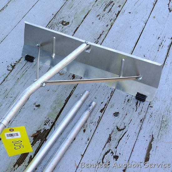 Roof rake has a 24" head; three poles are each about 5' long.