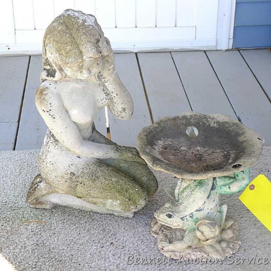 Concrete lady yard decoration and a frog bird bath. Bird bath has some chips and cracks as pictured;