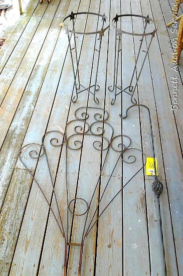 Wrought shepherds hook, trellis and two plant stands. Hook is 64" high, trellis is about 35" x 60",